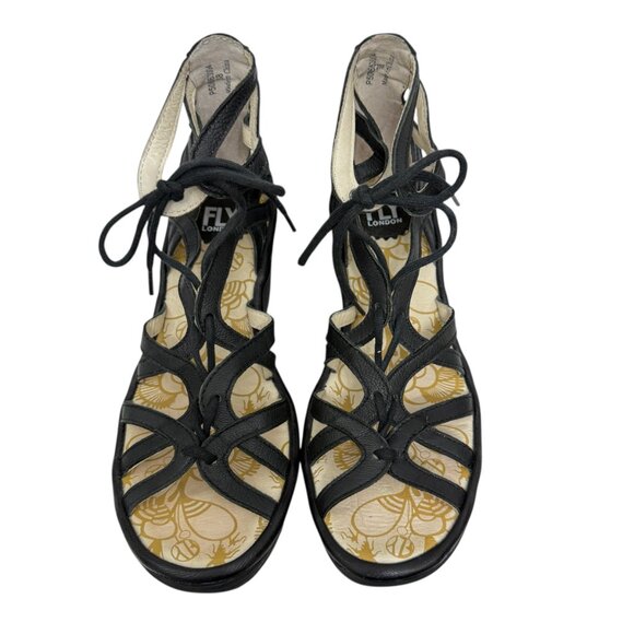 Fly London Yuke Sandal Wedge Heel Strappy Lace up Black Leather EU 38 US 7.5-8 - Picture 3 of 11